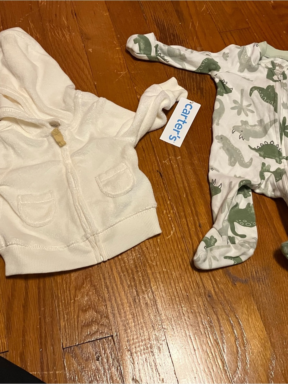 Carter's Cream Hooded Baby Zip Jacket, Huggies dinosaur PJs